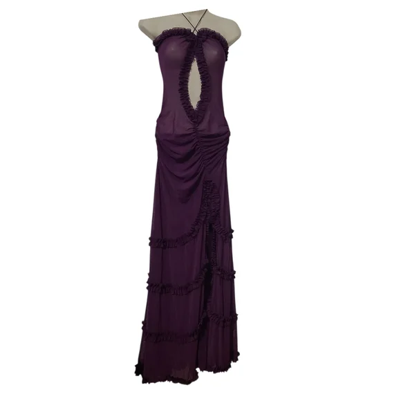 Purple Mesh Ruffle Cut Out Maxi Dress With Slit - Picture 3 of 8